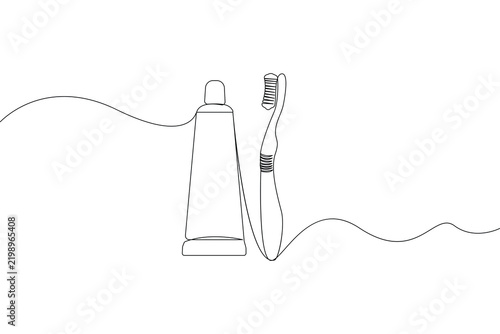 Toothbrush and toothpaste continuous one line drawing minimalist style isolate outline vector illustration