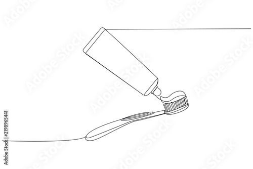 Toothbrush and toothpaste continuous one line drawing minimalist style isolate outline vector illustration
