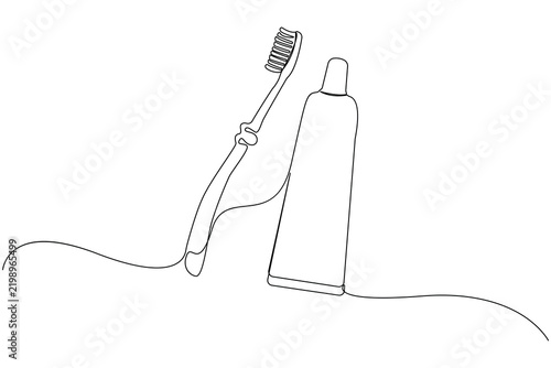 Toothbrush and toothpaste continuous one line drawing minimalist style isolate outline vector illustration