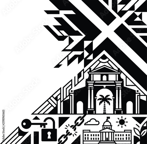 abstract black and white vector art with architectural elements and icon set