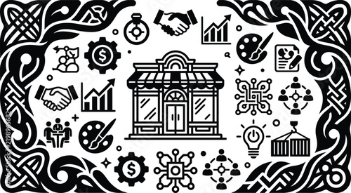 business store front vector icon set with commerce and finance symbols