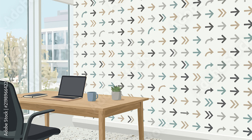 Modern Home Office with Arrow Pattern Wallpaper and Laptop on Wooden Desk, Minimalist Workspace Design