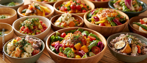 A vibrant spread of healthy and delicious meals, featuring colorful salads and nourishing bowls, showcasing a dedication to wholesome eating