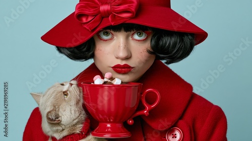 Humorous holiday photo: a person drinking hot cocoa while a cat tries to sip from the mug, on a soft pastel blue background.