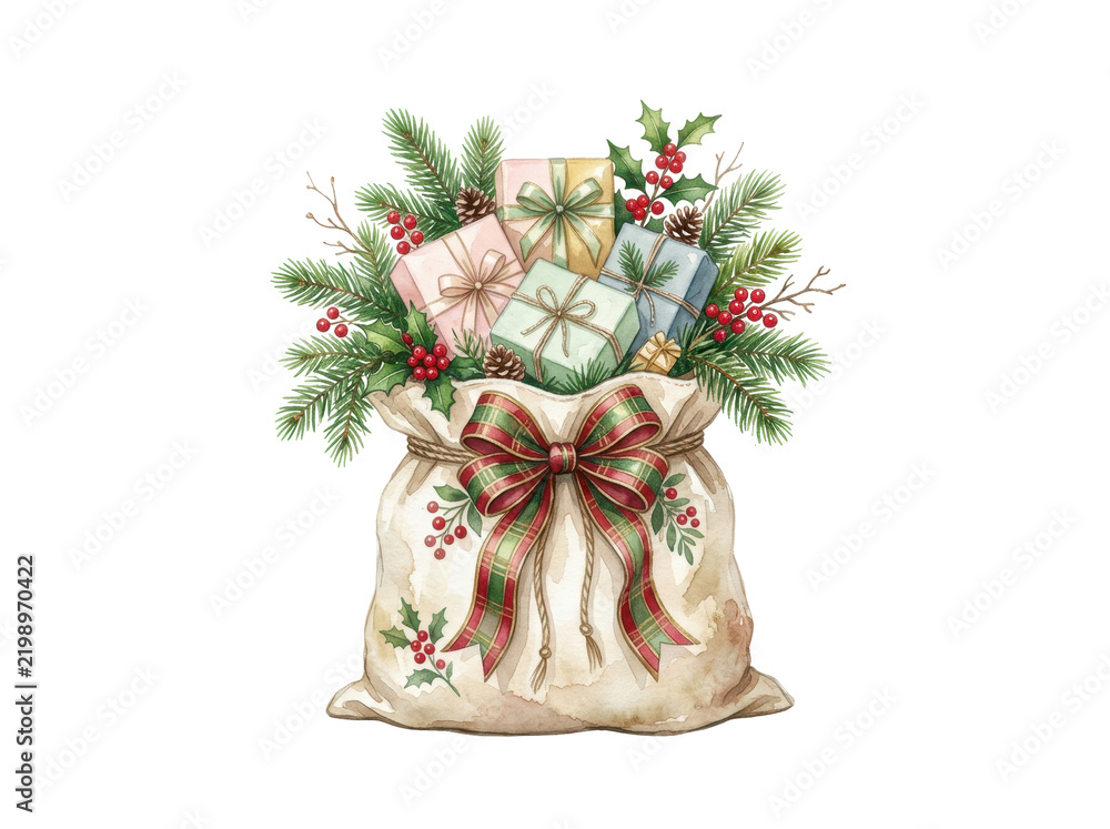 Fototapeta premium Christmas Gift Bag Surprise: A festive burlap sack overflowing with holiday gifts, adorned with pine branches, holly berries, and a plaid ribbon bow, evoking the spirit of Christmas generosity.