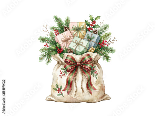 Christmas Gift Bag Surprise: A festive burlap sack overflowing with holiday gifts, adorned with pine branches, holly berries, and a plaid ribbon bow, evoking the spirit of Christmas generosity.