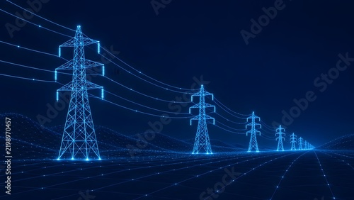 Futuristic digital landscape with glowing blue power line pylons and transmission towers stretching into the distance on a dark blue background
