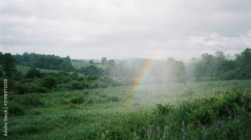 Obraz premium Rainbow in the Misty Field: A faint rainbow arches over a green field, partially veiled by a soft mist, evoking a sense of quiet wonder and natural beauty.