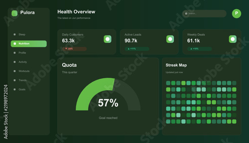 Modern health and fitness progress gauge with stats and streak map Vector