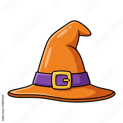 Cute cartoon orange witch hat with a purple belt and yellow buckle, isolated on white background.
