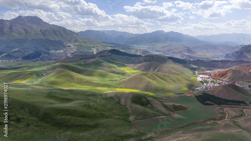 Aerial Landscape of Zhuoer Mountain and Farmland in Qilian County Qinghai