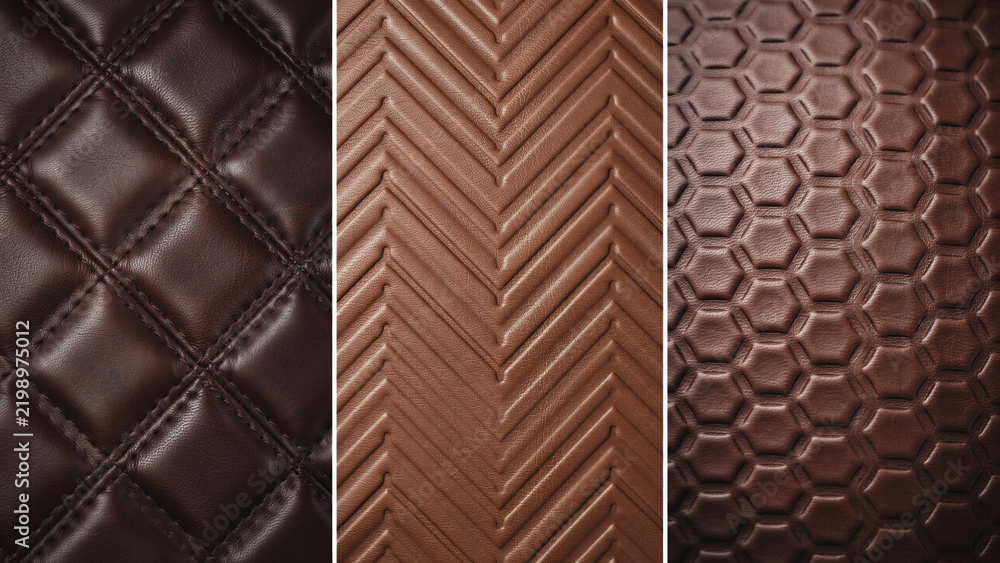 Obraz premium Triptych of brown leather textures featuring quilted diamond, herringbone, and hexagonal