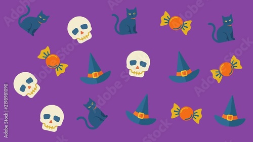 Halloween Pattern Animation Black Cats Skulls Witch Hats Candy Purple Background