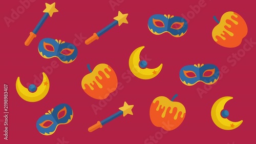 Seamless Pattern Animation Festive Masquerade Masks Magic Wands and Moons on Red Background
