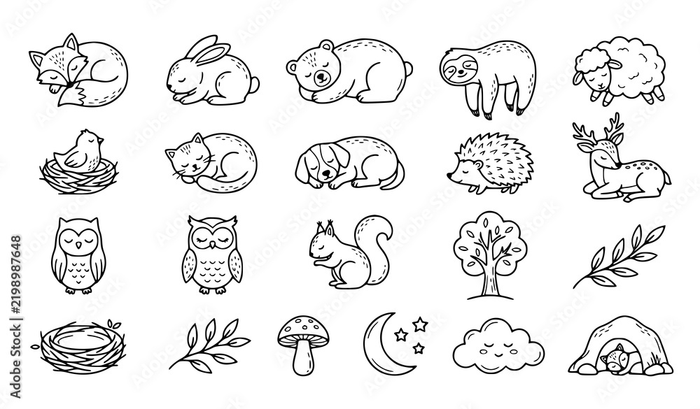Obraz premium Woodland Sleeping Animals Fox Rabbit Bear and Bird Cute Line Vector Set
