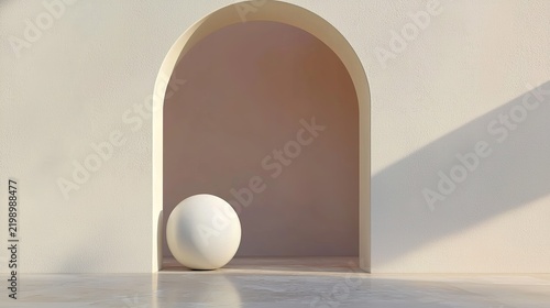 Elegant minimalist interior featuring an arch and a sphere illuminated by gentle natural light