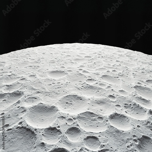 Close up view of the moon's surface highlighting craters and texture under dark space background