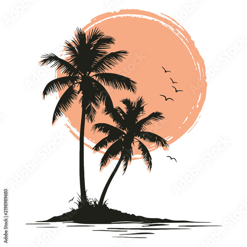 Retro tropical island scene with palm trees and sunset, vintage summer vacation landscape for travel, beach, and holiday themes
