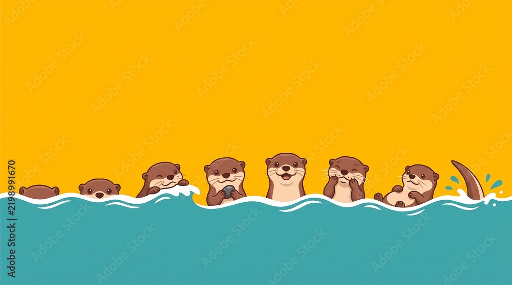 Fototapeta premium Cute cartoon otters swimming in water against a yellow background with copy space