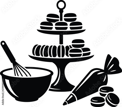 Black and white baking macaron set illustration