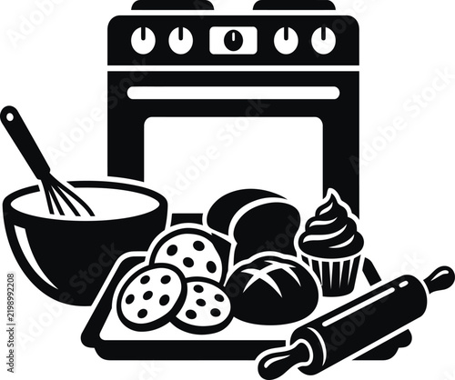 Baking items set with oven illustration
