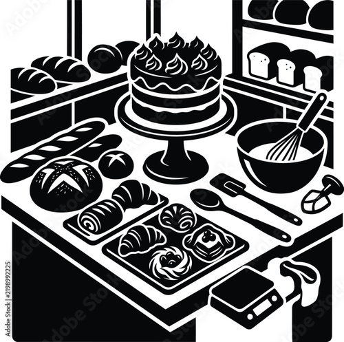 Bakery with pastries and cake on counter