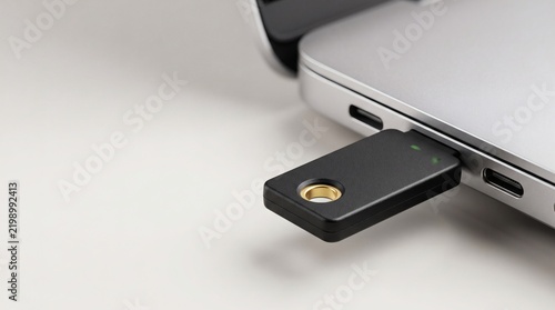 Cybersecurity hardware key plugged into a modern laptop USB-C port, secure data access concept.