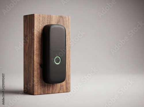 Sleek, minimalist smart door lock on a wooden block, glowing green LED, elegant home tech concept.