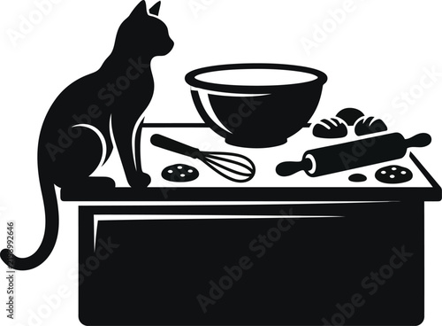 Black cat sitting on kitchen counter near food