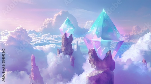Futuristic Crystal Floating Islands in Cloudscape with Soft Pink and Blue Lighting