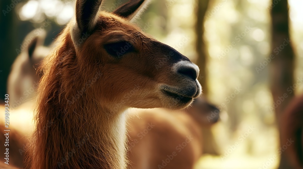 Fototapeta premium Close up of a brown llama in soft sunlight with blurred forest background calm and serene expression