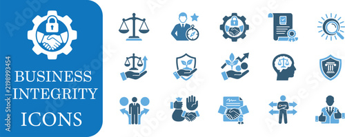 Business integrity and corporate ethics flat vector blue icon set collection for compliance and trust