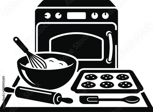 Black and white kitchen tools and oven illustration