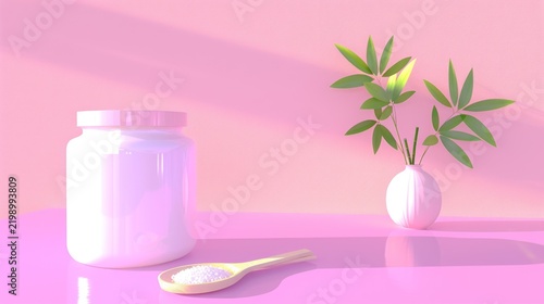 White Cosmetic Container with Spoon and Green Leafy Plant on Pink Background