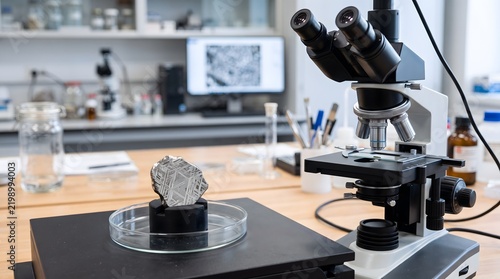 Modern optical microscope analyzing a metal specimen in a lab