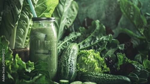 Fresh Green Vegetable Smoothie in a Mason Jar Among Lettuce and Cucumbers