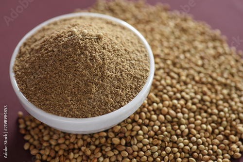 Canvastavla Indian spice called coriander powder with seeds selective focus