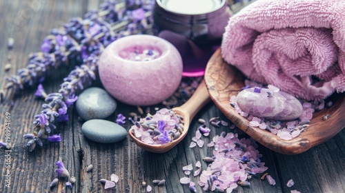 Lavender Spa Set with Pink Candles Soft Towel and Aromatherapy Stones on Wooden Surface