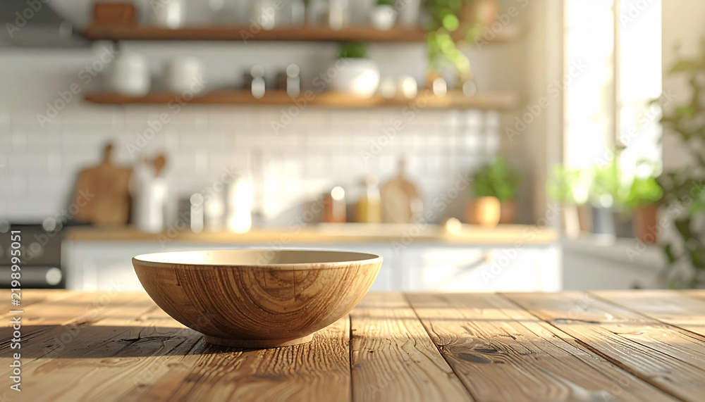 Obraz premium An empty wooden bowl rests on a rustic table in a sundrenched, blurred modern kitchen. This serene, minimalist scene with no people evokes feelings of comfort, homecooked food, and calm.