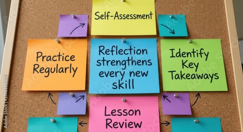 Colorful Sticky Notes Displaying Lesson Review and Self-Assessment on a Corkboard