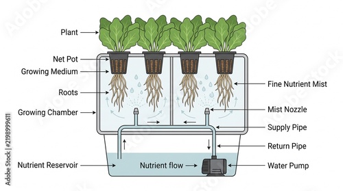 Instructional Graphic for Advanced Soil-less Vertical Agriculture Showing Sustainable Liquid Mineral Fog Irrigation Setup
