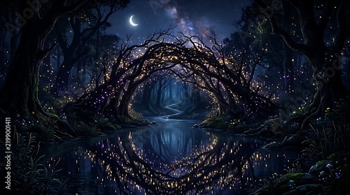 Magical dark forest at night featuring a natural archway made of glowing tree branches over a peaceful river under the moon 
