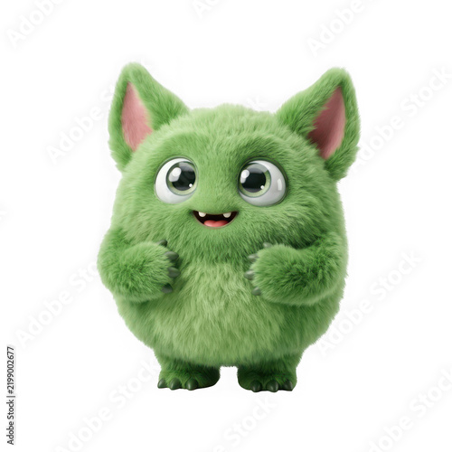 Cute fluffy green monster character with big eyes isolated on transparent background