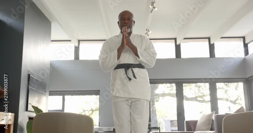 Lifestyle videos indoor of people doing activities at home, practicing martial arts, man in karate u
