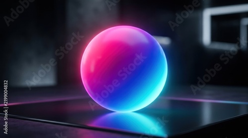 A glowing, iridescent sphere with a gradient of colors, emitting a soft, ethereal glow in a dark, industrial setting.