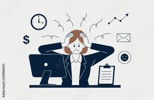 Stressed businesswoman holding head in hands at office desk with work pressure