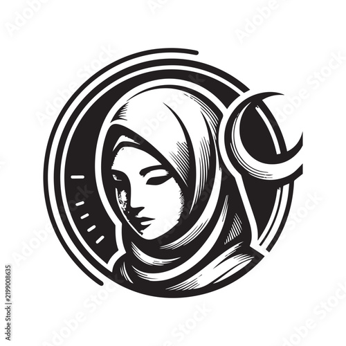 Bild auf Leinwand Stylized black and white illustration of a woman wearing a hijab with a crescent moon symbol