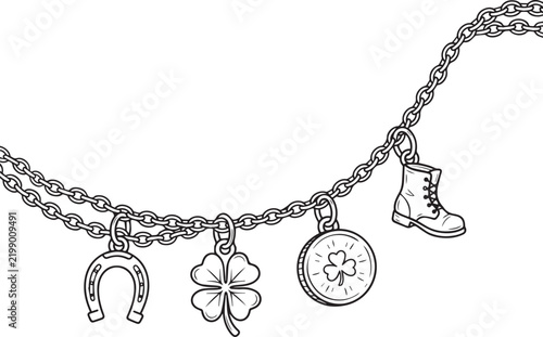 Charm bracelet with horseshoe, four-leaf clover, coin, and boot charms