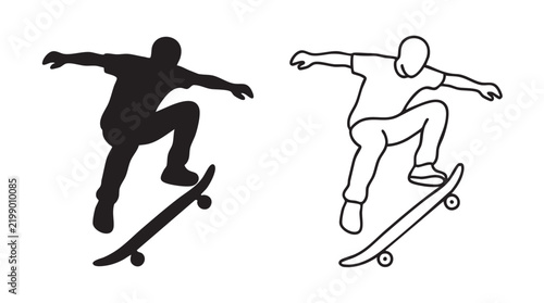 Фотография skateboarder performing ollie silhouette with line art vector icon
