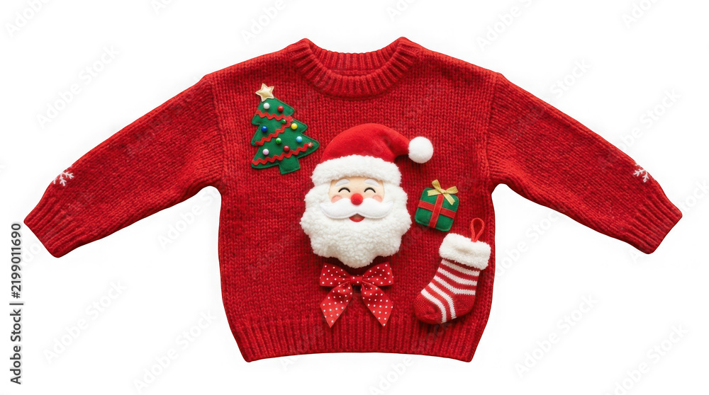 Obraz premium Red christmas sweater with santa claus, tree, gift, and stocking decorations isolated on transparent background